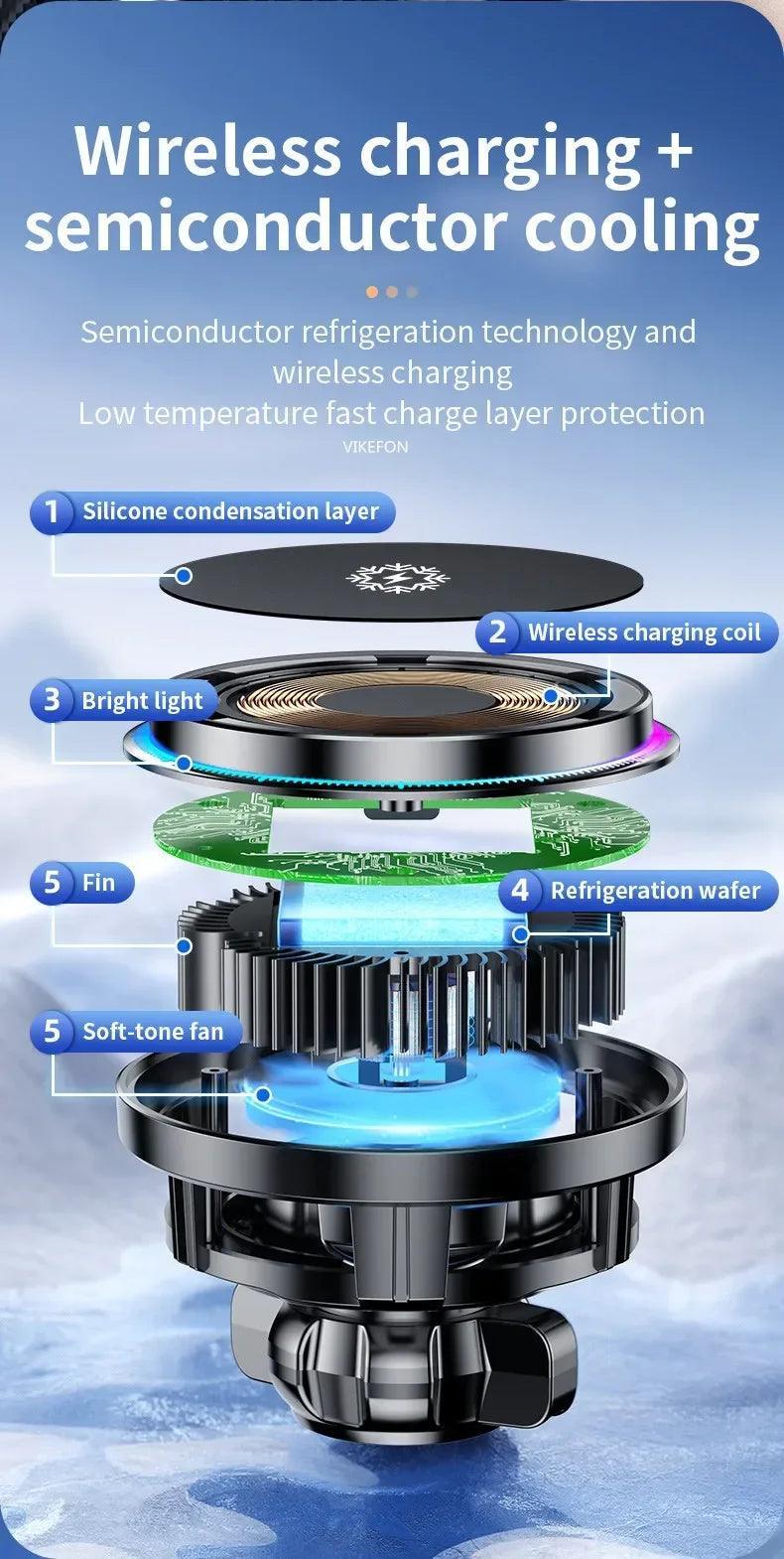 Fast Wireless Car Charger with Ice Cooling for iPhone 15/14/13/12 – 30W Power Output