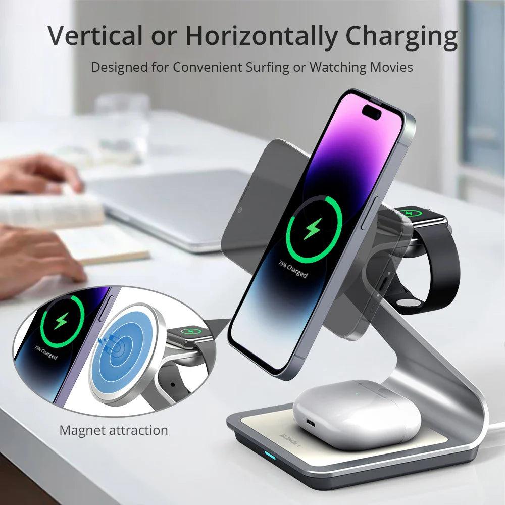 3-in-1 magnetic wireless charger 30W for iPhone, AirPods, and Apple Watch with fast charging support - Gadgets Bolt