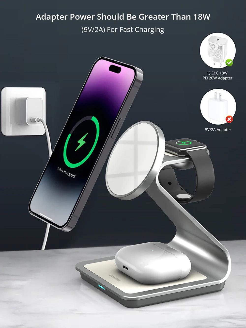 3-in-1 magnetic wireless charger 30W for iPhone, AirPods, and Apple Watch with fast charging support - Gadgets Bolt