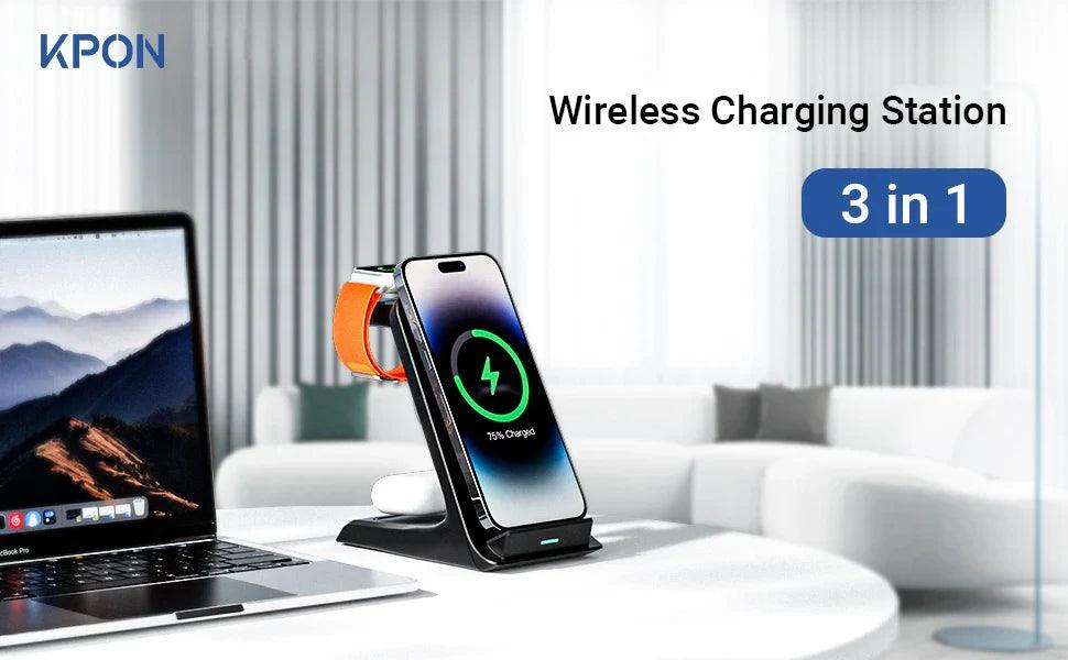 3-in-1 wireless charging stand for iPhone, Apple Watch, and AirPods with fast charging support - Gadgets Bolt