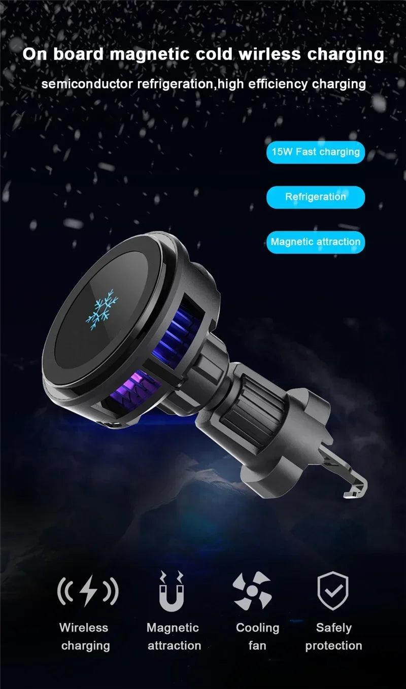 Fast Wireless Car Charger with Ice Cooling for iPhone 15/14/13/12 – 30W Power Output