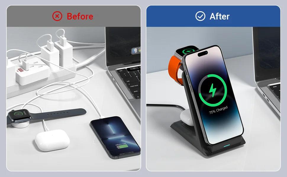 3-in-1 wireless charging stand for iPhone, Apple Watch, and AirPods with fast charging support - Gadgets Bolt