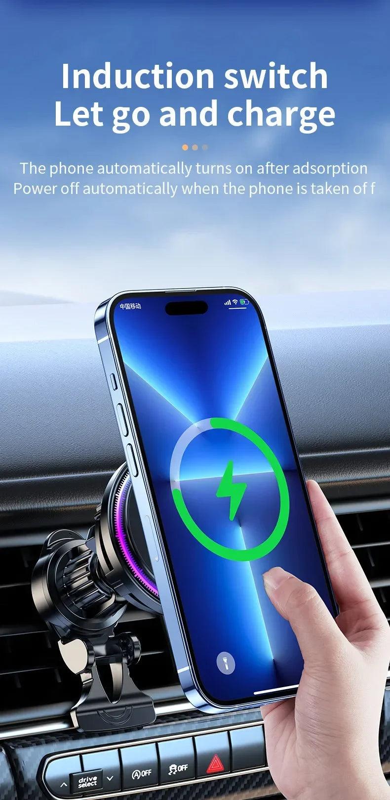 Fast Wireless Car Charger with Ice Cooling for iPhone 15/14/13/12 – 30W Power Output