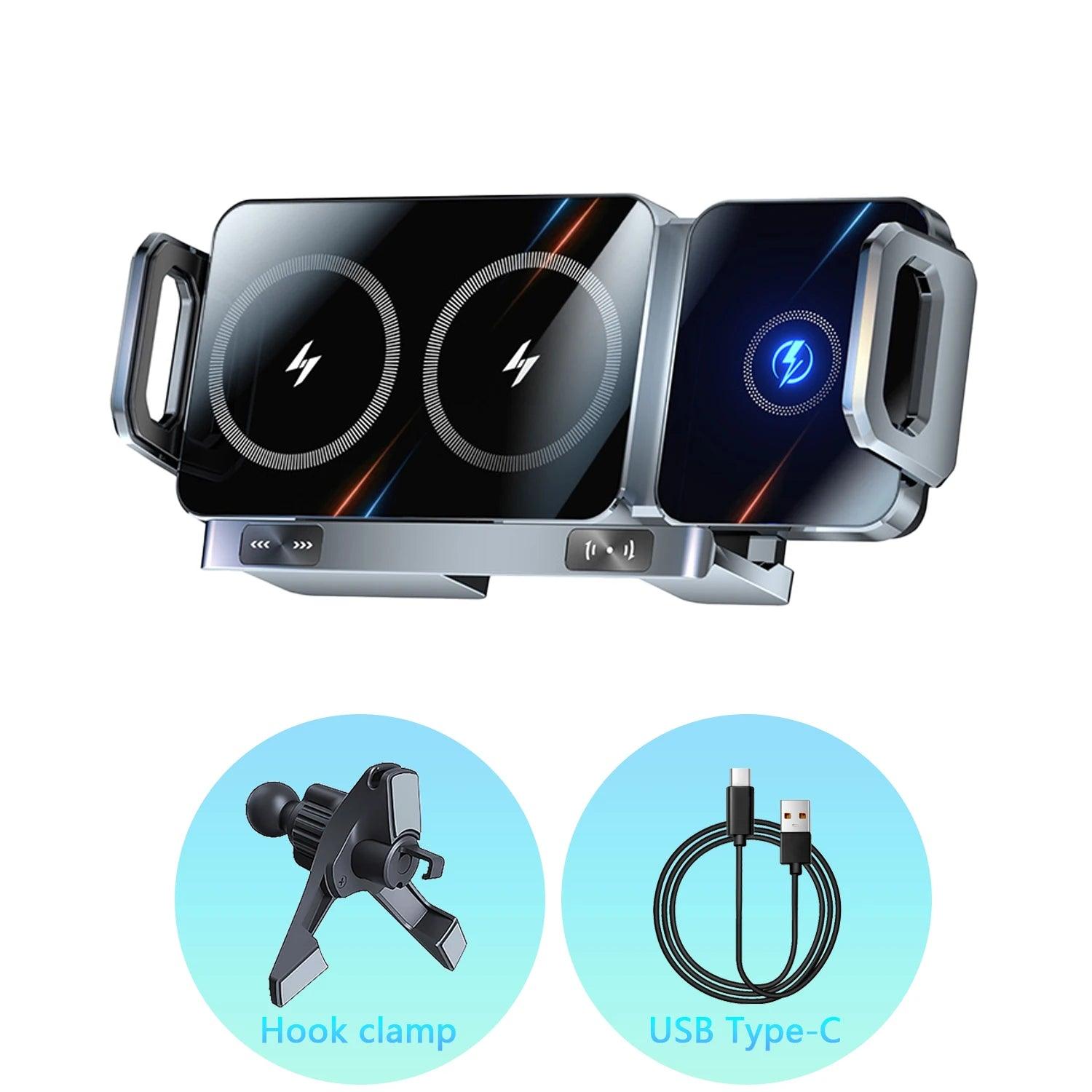 Foldable wireless car charger with auto-clamp, 360° rotation, and universal fit for Galaxy Z Fold, iPhone, and Xiaomi.