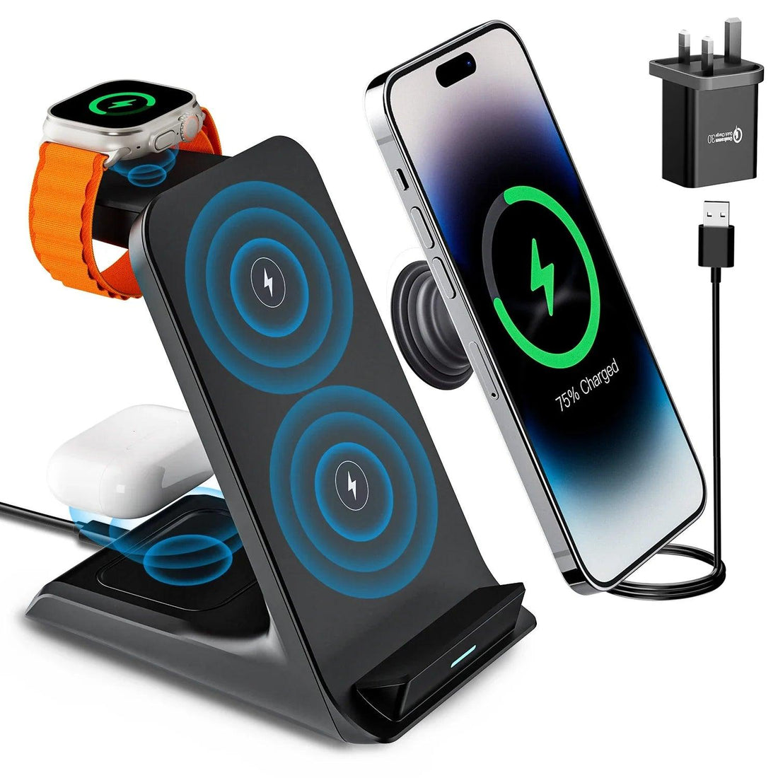 3-in-1 wireless charging stand for iPhone, Apple Watch, and AirPods with fast charging support - Gadgets Bolt