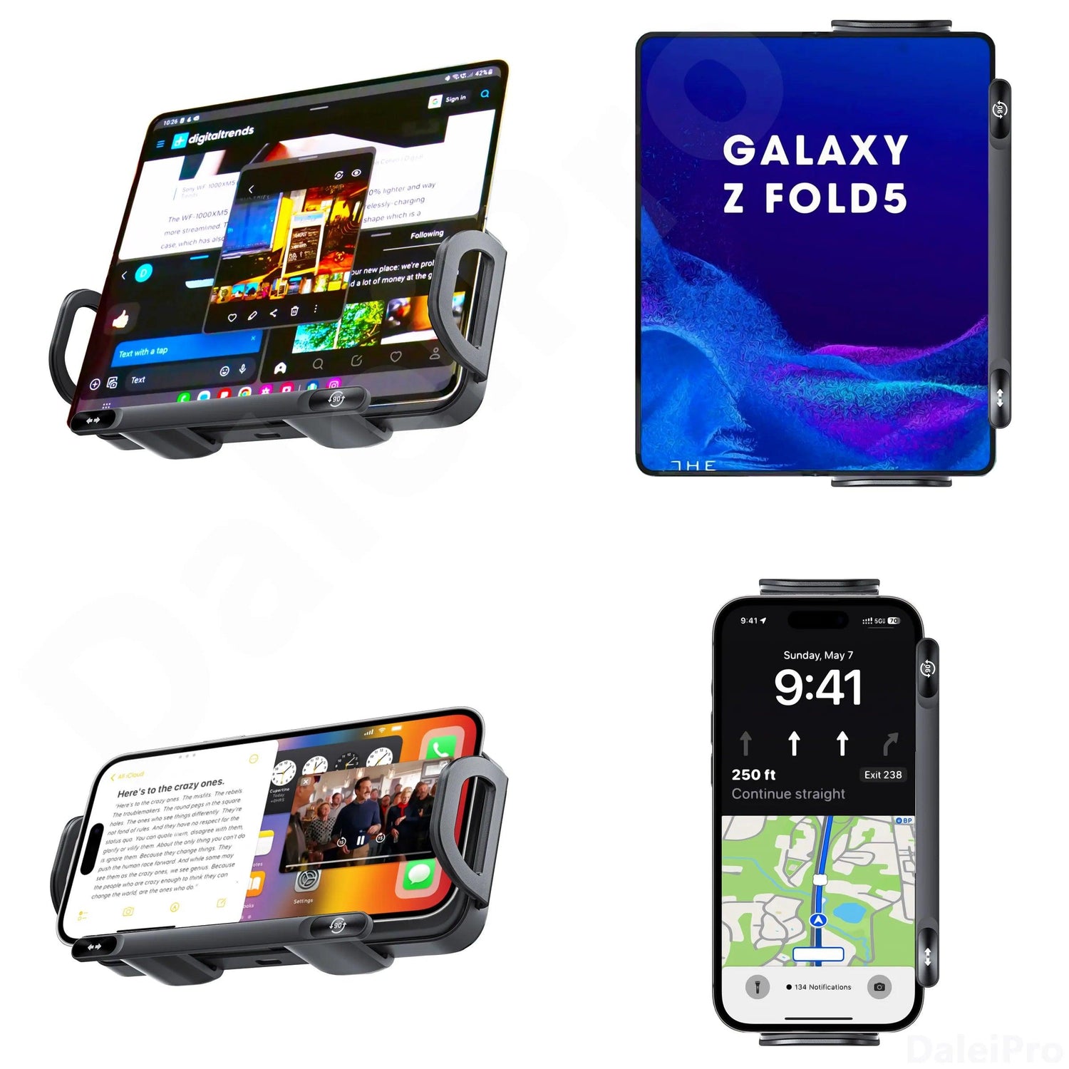 Foldable wireless car charger with auto-clamp, 360° rotation, and universal fit for Galaxy Z Fold, iPhone, and Xiaomi.