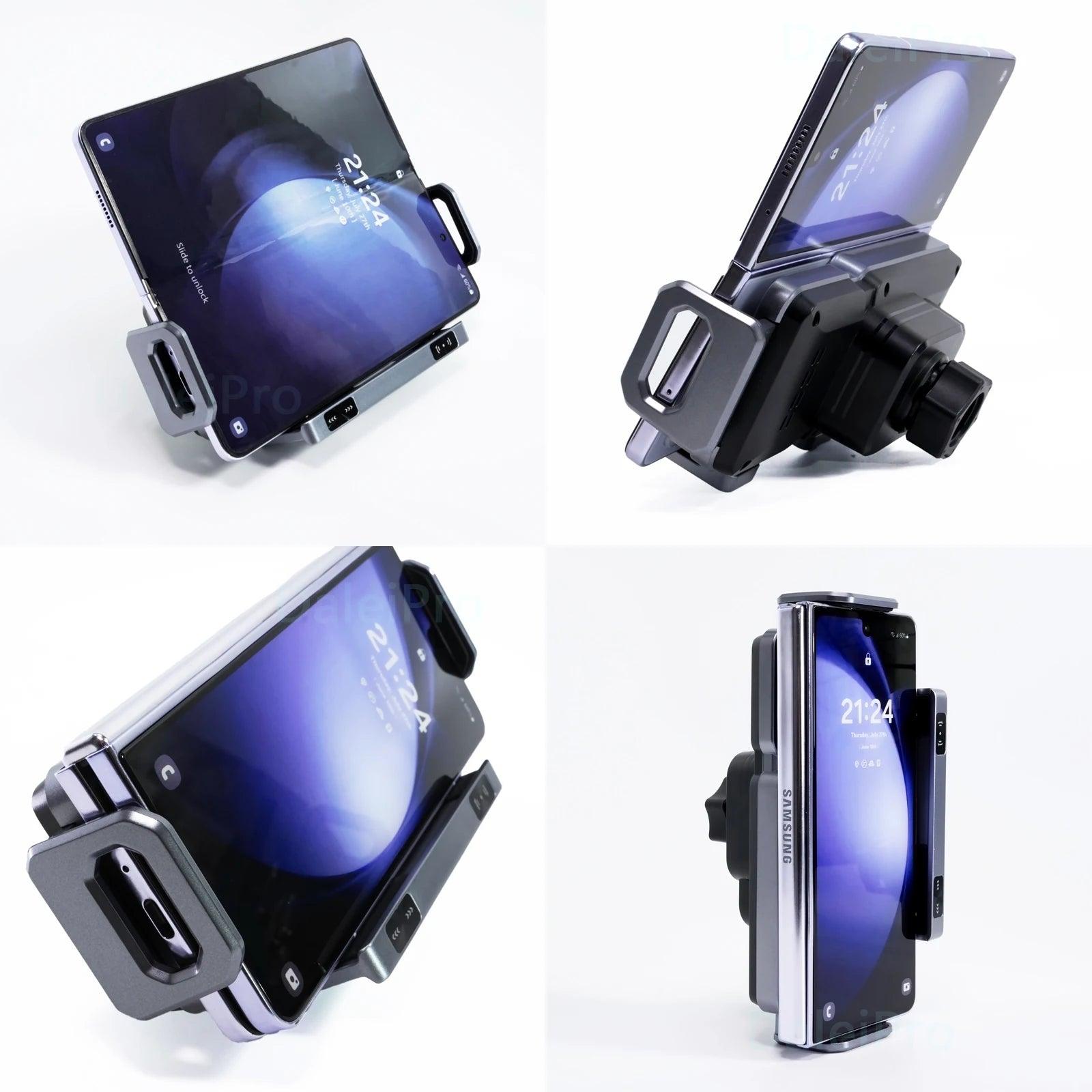 Foldable wireless car charger with auto-clamp, 360° rotation, and universal fit for Galaxy Z Fold, iPhone, and Xiaomi.