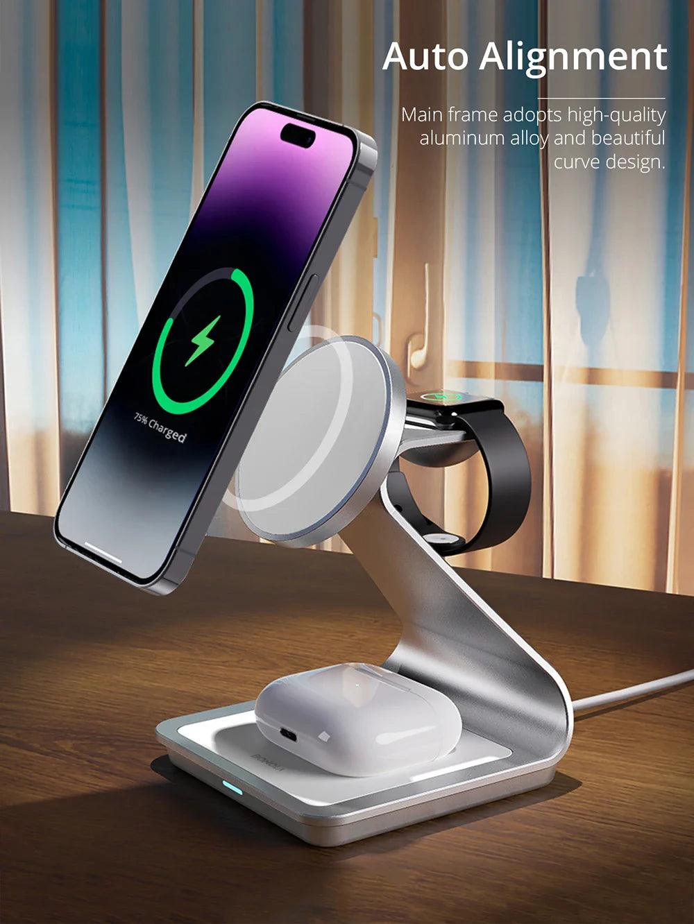 3-in-1 magnetic wireless charger 30W for iPhone, AirPods, and Apple Watch with fast charging support - Gadgets Bolt