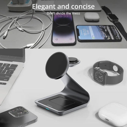 3-in-1 magnetic wireless charger 30W for iPhone, AirPods, and Apple Watch with fast charging support - Gadgets Bolt