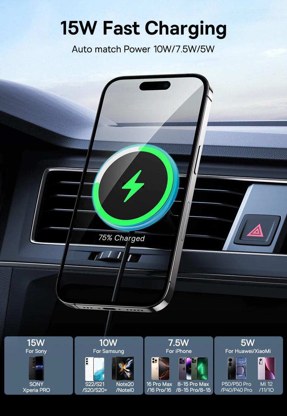 15W magnetic wireless car charger &amp; phone holder for fast charging on the go with secure, adjustable mount - Gadgets Bolt