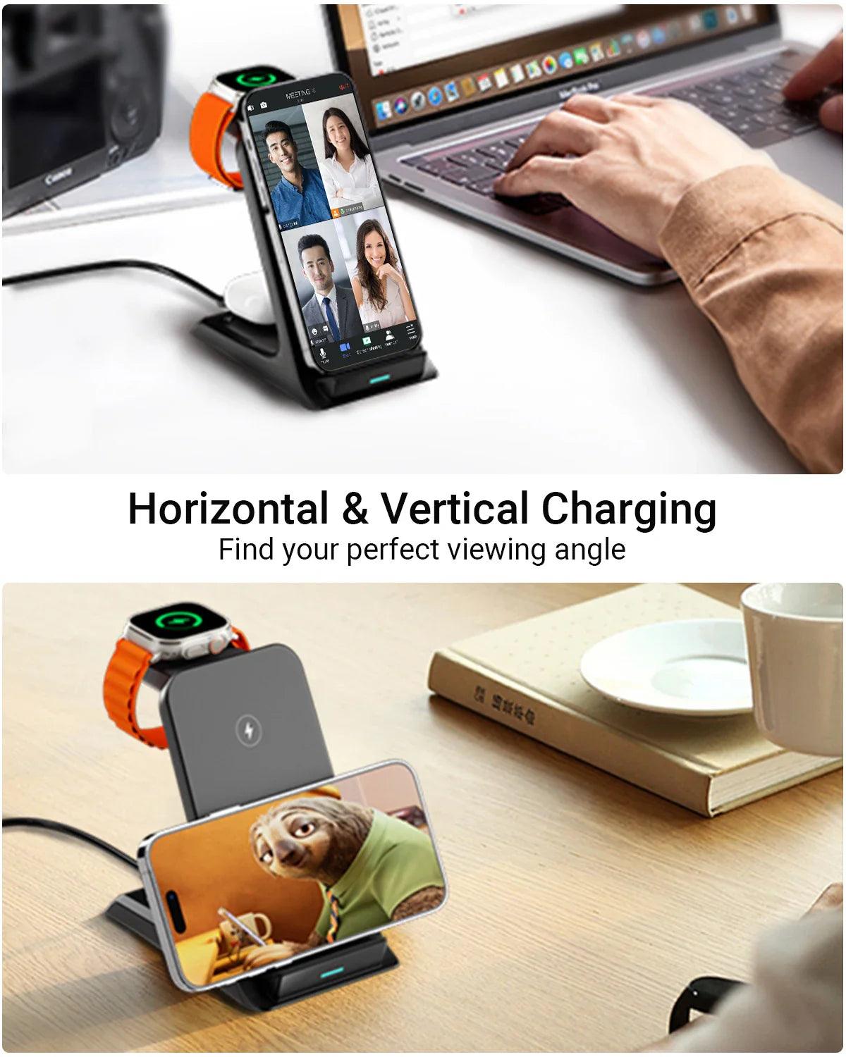 3-in-1 wireless charging stand for iPhone, Apple Watch, and AirPods with fast charging support - Gadgets Bolt