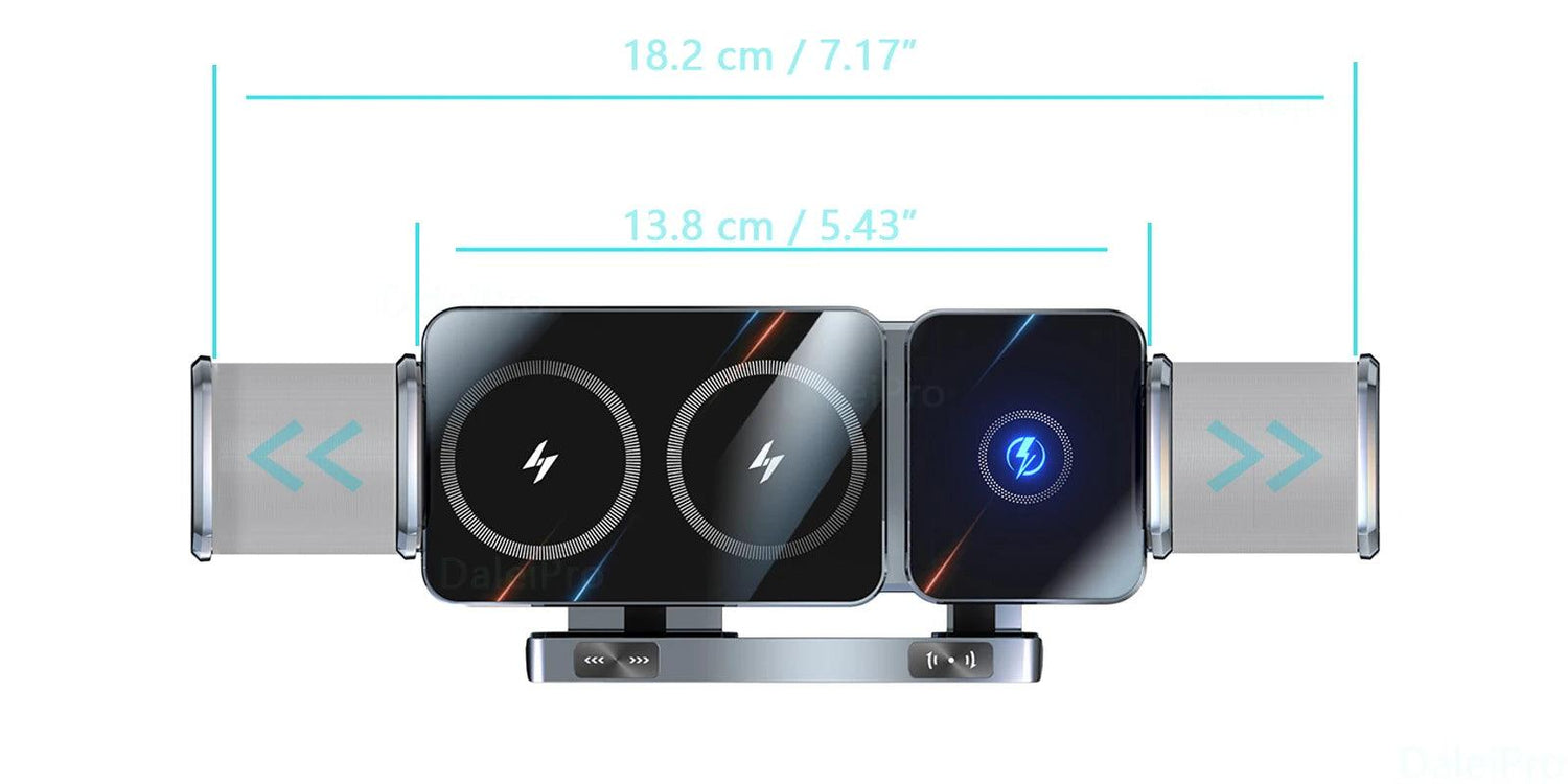 Foldable wireless car charger with auto-clamp, 360° rotation, and universal fit for Galaxy Z Fold, iPhone, and Xiaomi.