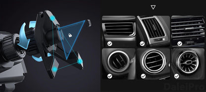 Foldable wireless car charger with auto-clamp, 360° rotation, and universal fit for Galaxy Z Fold, iPhone, and Xiaomi.