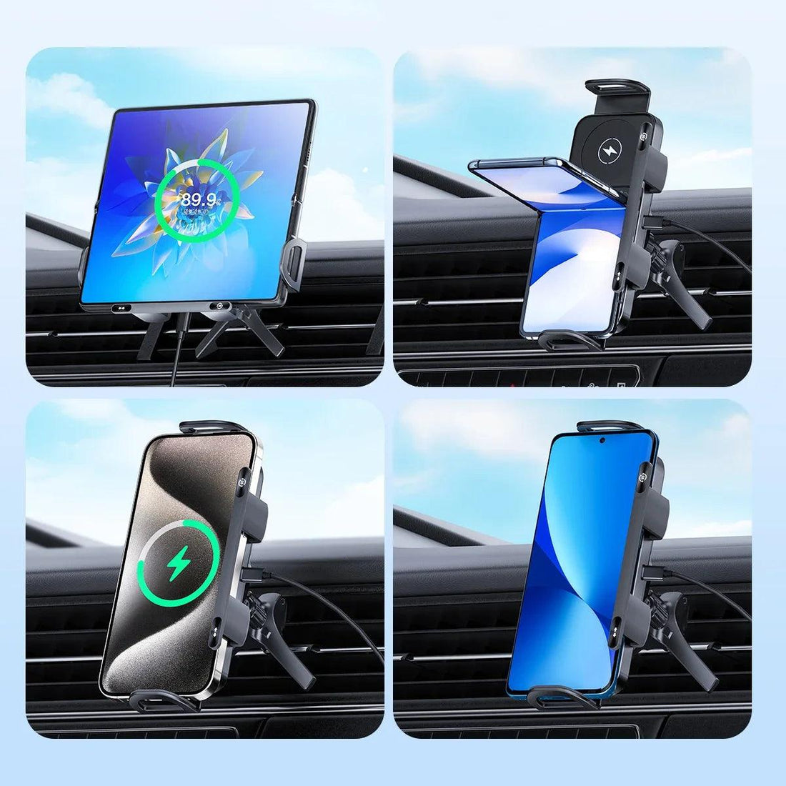 Foldable wireless car charger with auto-clamp, 360° rotation, and universal fit for Galaxy Z Fold, iPhone, and Xiaomi.