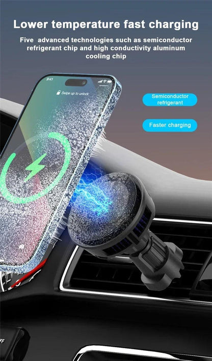 Fast Wireless Car Charger with Ice Cooling for iPhone 15/14/13/12 – 30W Power Output