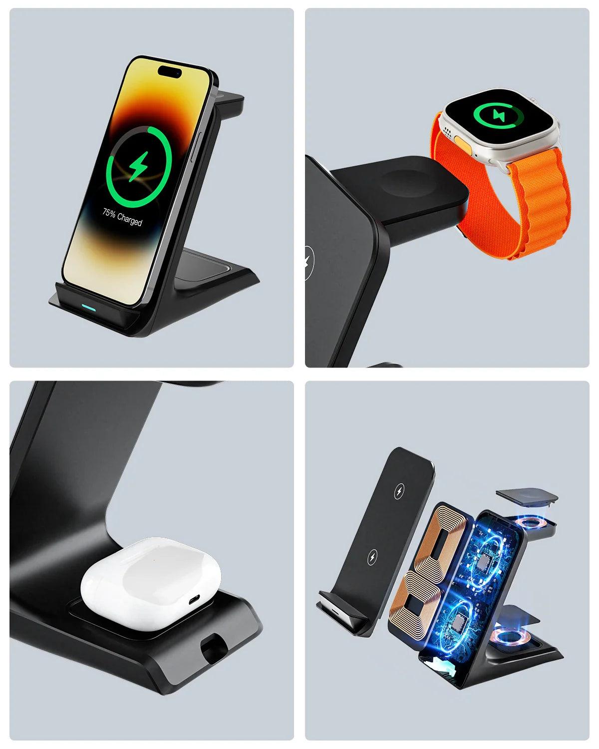 3-in-1 wireless charging stand for iPhone, Apple Watch, and AirPods with fast charging support - Gadgets Bolt