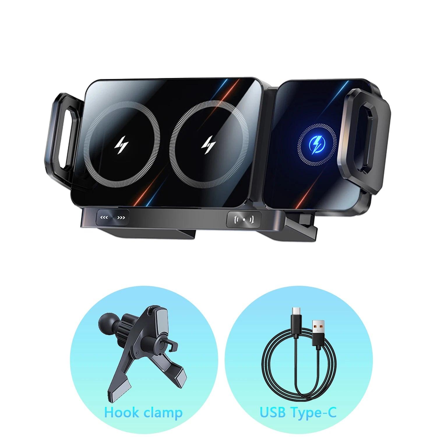 Foldable wireless car charger with auto-clamp, 360° rotation, and universal fit for Galaxy Z Fold, iPhone, and Xiaomi.